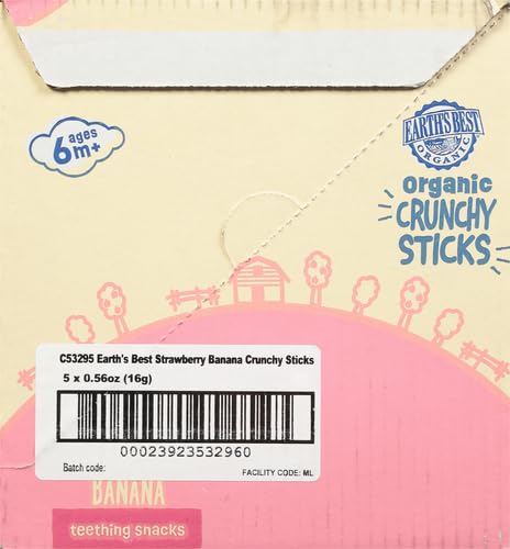 Earth's Best Organic Baby Food, Dissolvable Teething Snack for Babies 6 Months and Older, Strawberry Banana Crunchy Sticks, .56 oz Pack (Pack of 5)
