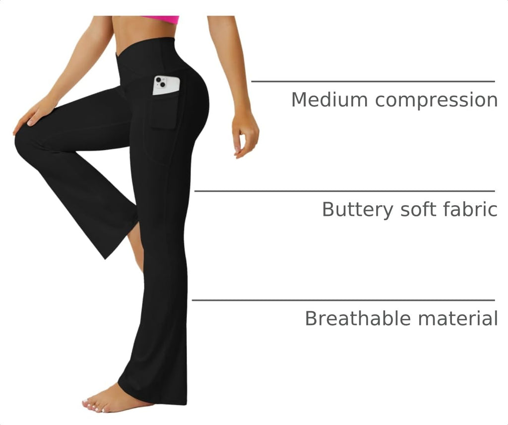 FOHOFO Yoga Pants Women, Flare Leggings for Women with Pockets Crossover High Waisted Bootcut Yoga Pants Black