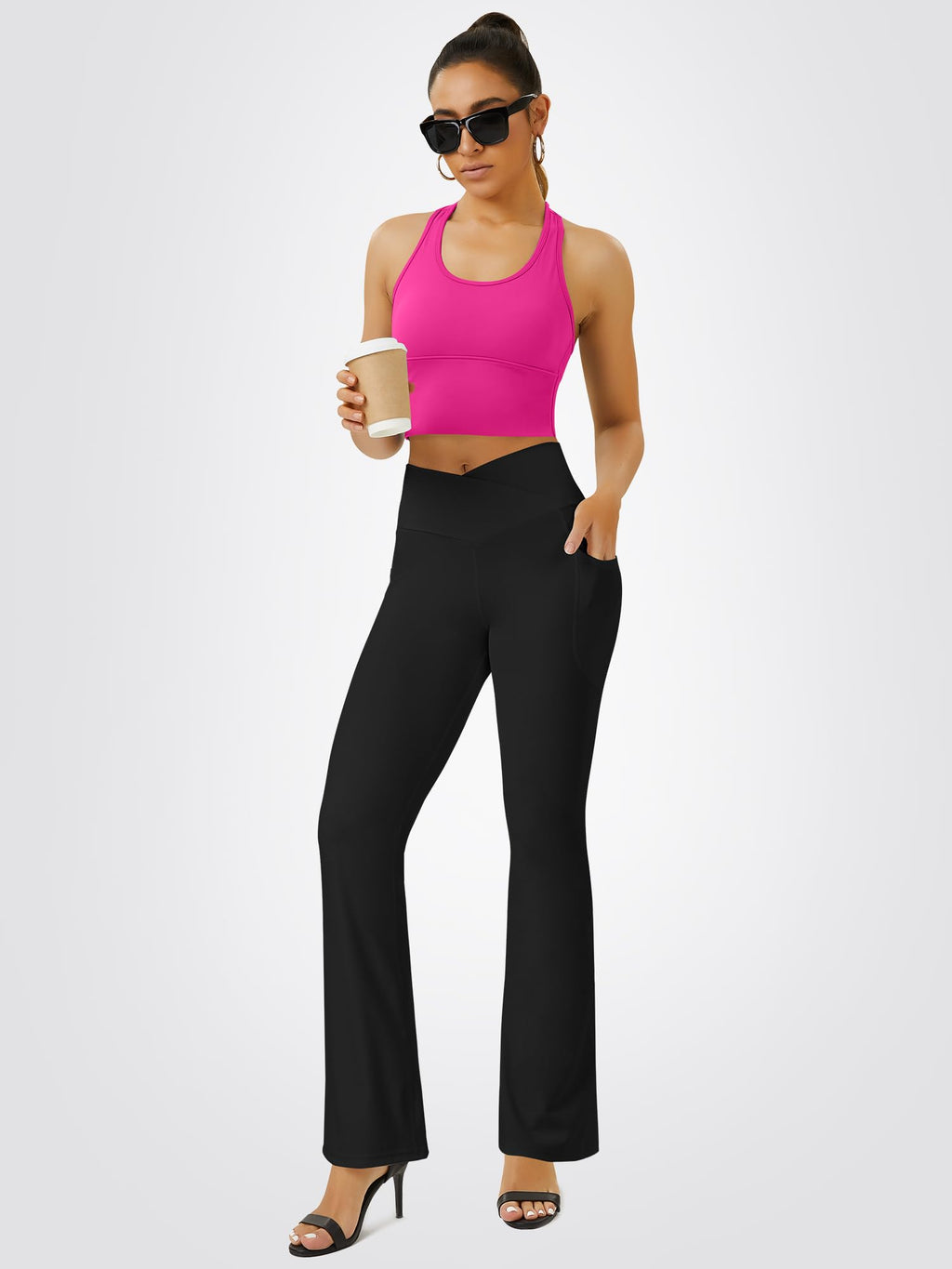 FOHOFO Yoga Pants Women, Flare Leggings for Women with Pockets Crossover High Waisted Bootcut Yoga Pants Black
