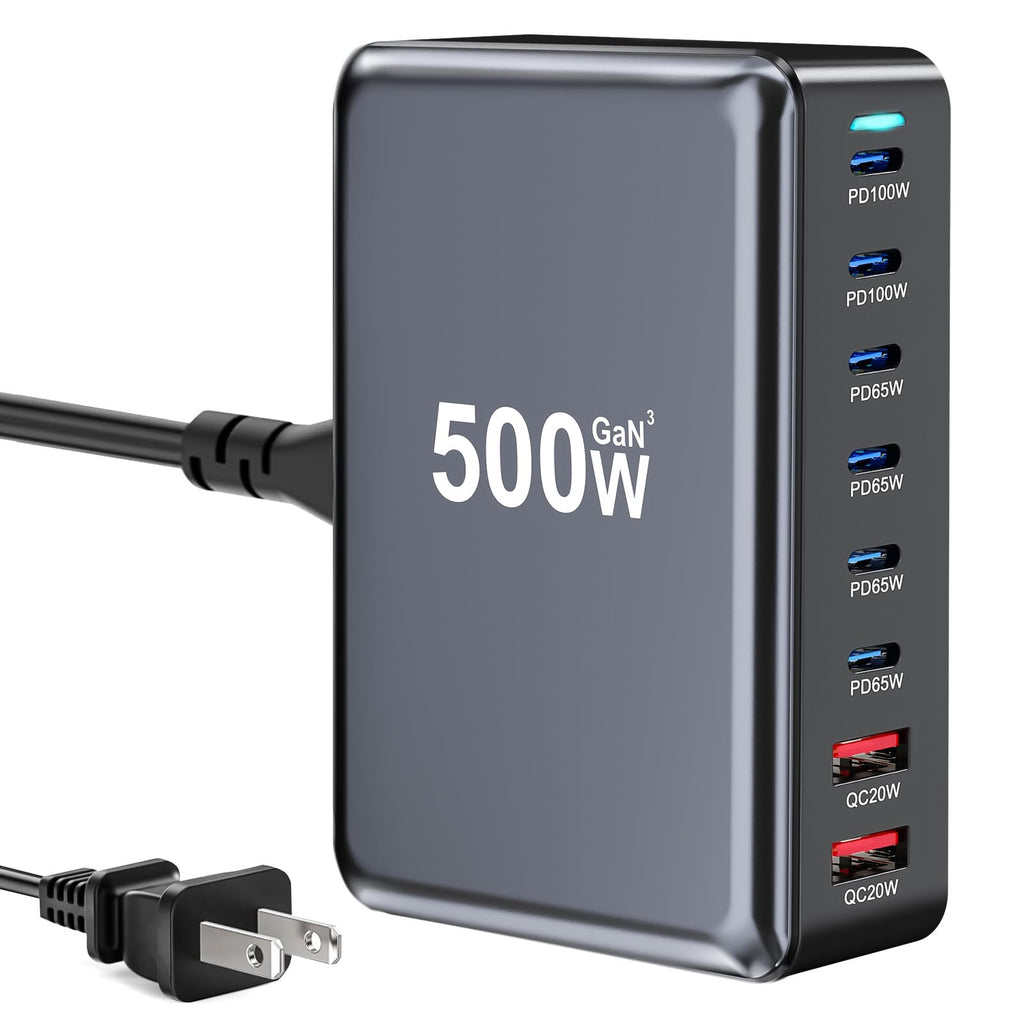500W USB C Charger Block, 8-Port USB Charging Station with Dual 100W PD