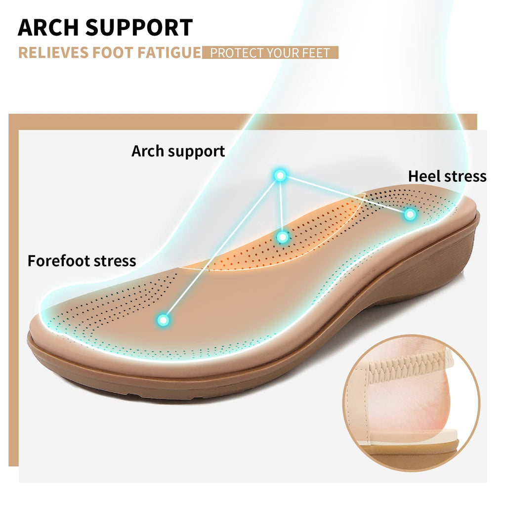 Littleplum Womens Sandals Arch Support Slingback Sandals Summer Beach Shoes Ankle Strap Thong Elastic Flat Sandals for Women Apricot Size 6