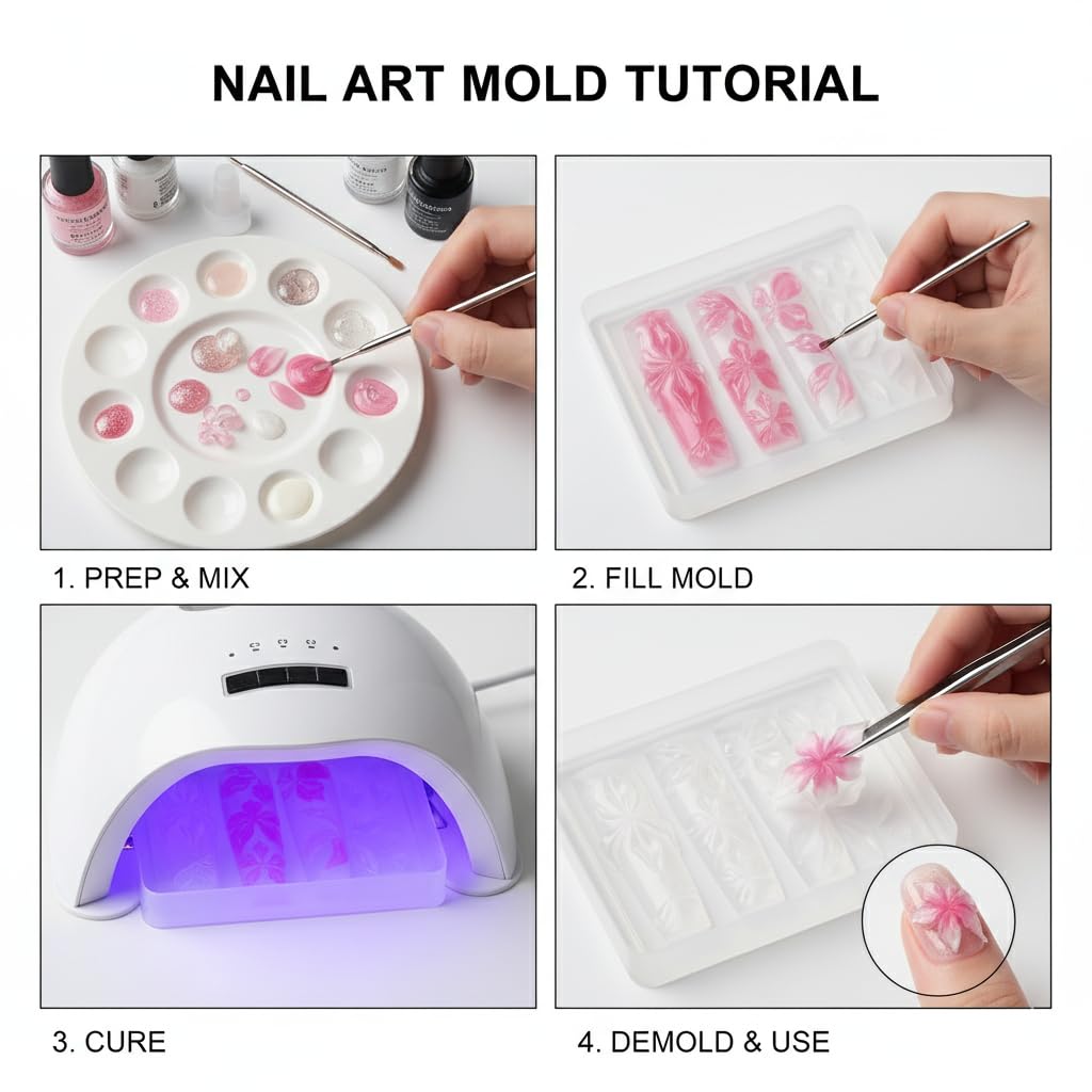 Pizadix 2 Pcs Flower Silicone Nail Art Molds for Women Resin Nail Design