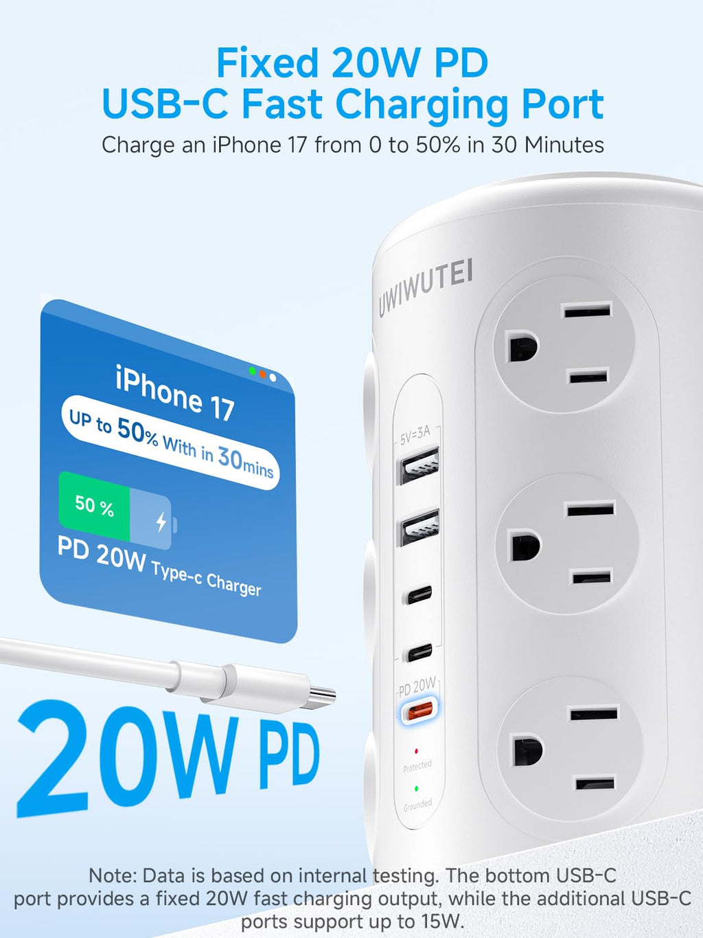 6FT Tower Power Strip with Night Light & Dedicated 20W PD USB‑C Port