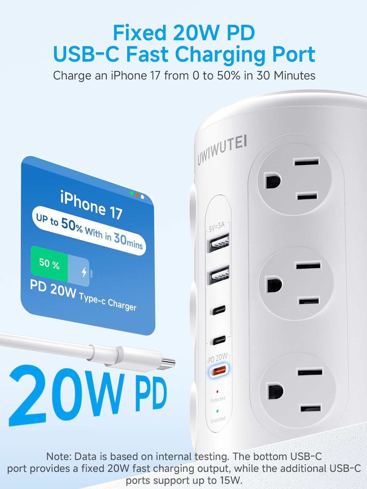 6FT Tower Power Strip with Night Light & Dedicated 20W PD USB‑C Port