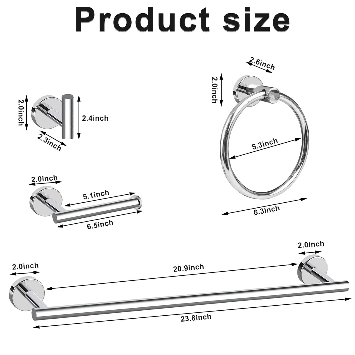 Cilee 8 Piece Polished Chrome Bathroom Hardware Set, 24inch Towel Bar Set