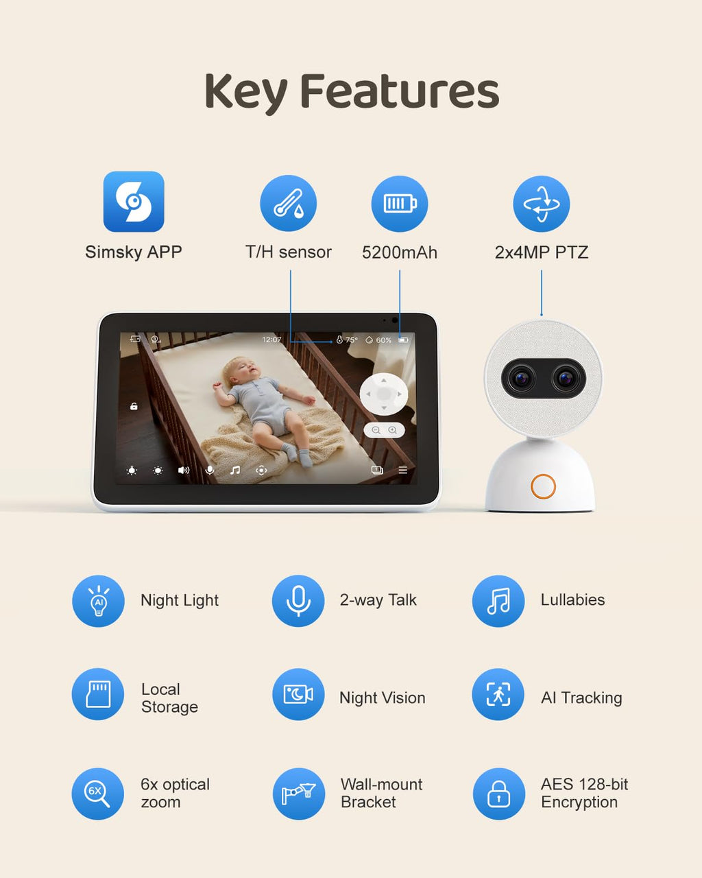 Simsky Baby Monitor with 2 Cameras, 7" Touch Screen, 4MP Split Screen