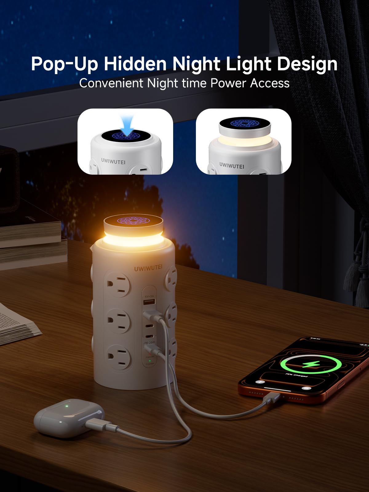 6FT Tower Power Strip with Night Light & Dedicated 20W PD USB‑C Port