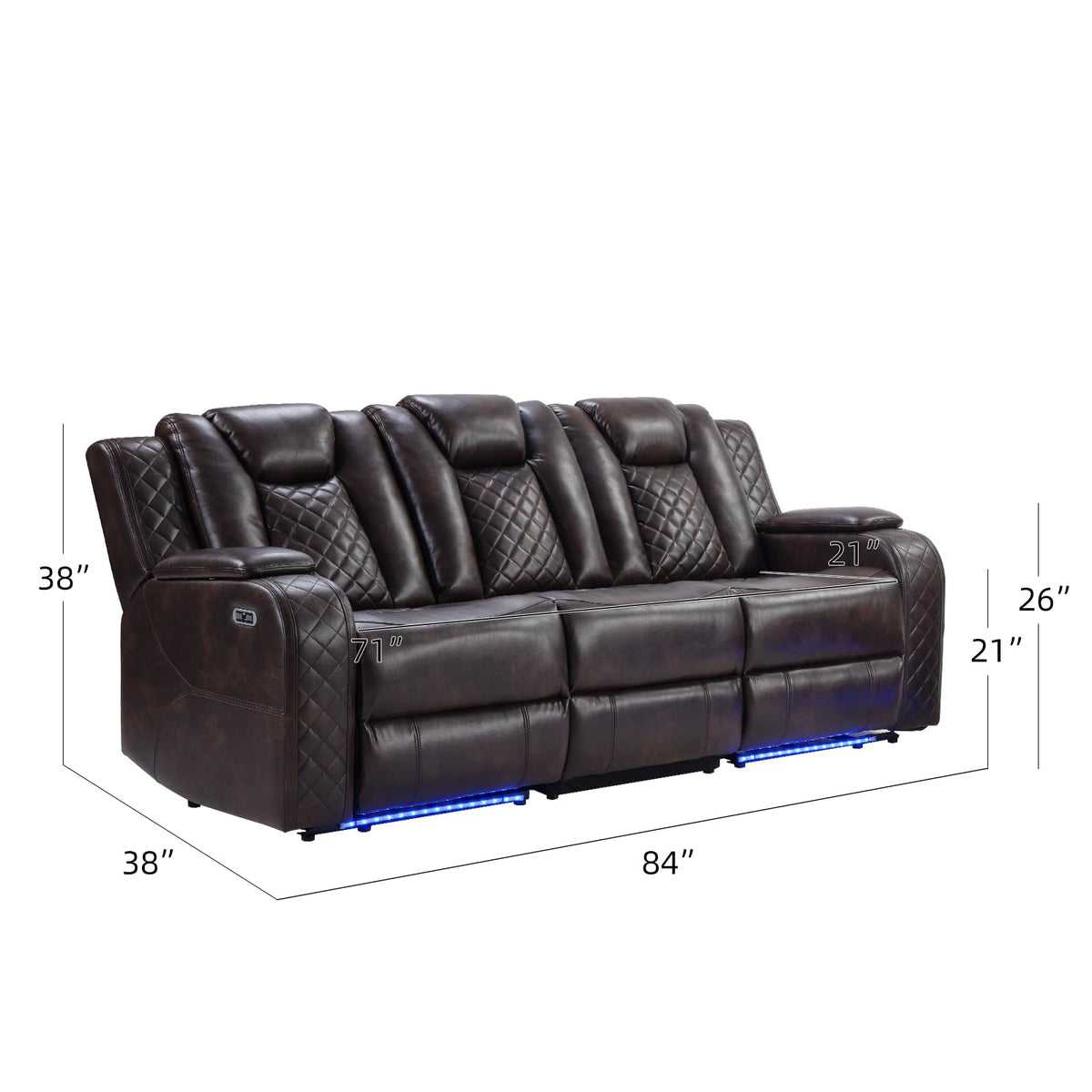 CANMOV Home Theater Seating with Adjustable Headrest with LED Lights, 3 Seat Power Reclining Sofa with Flip Backrest Design, Wireless Charger, Cup Holders, Reading Light and USB Charging Ports, Brown
