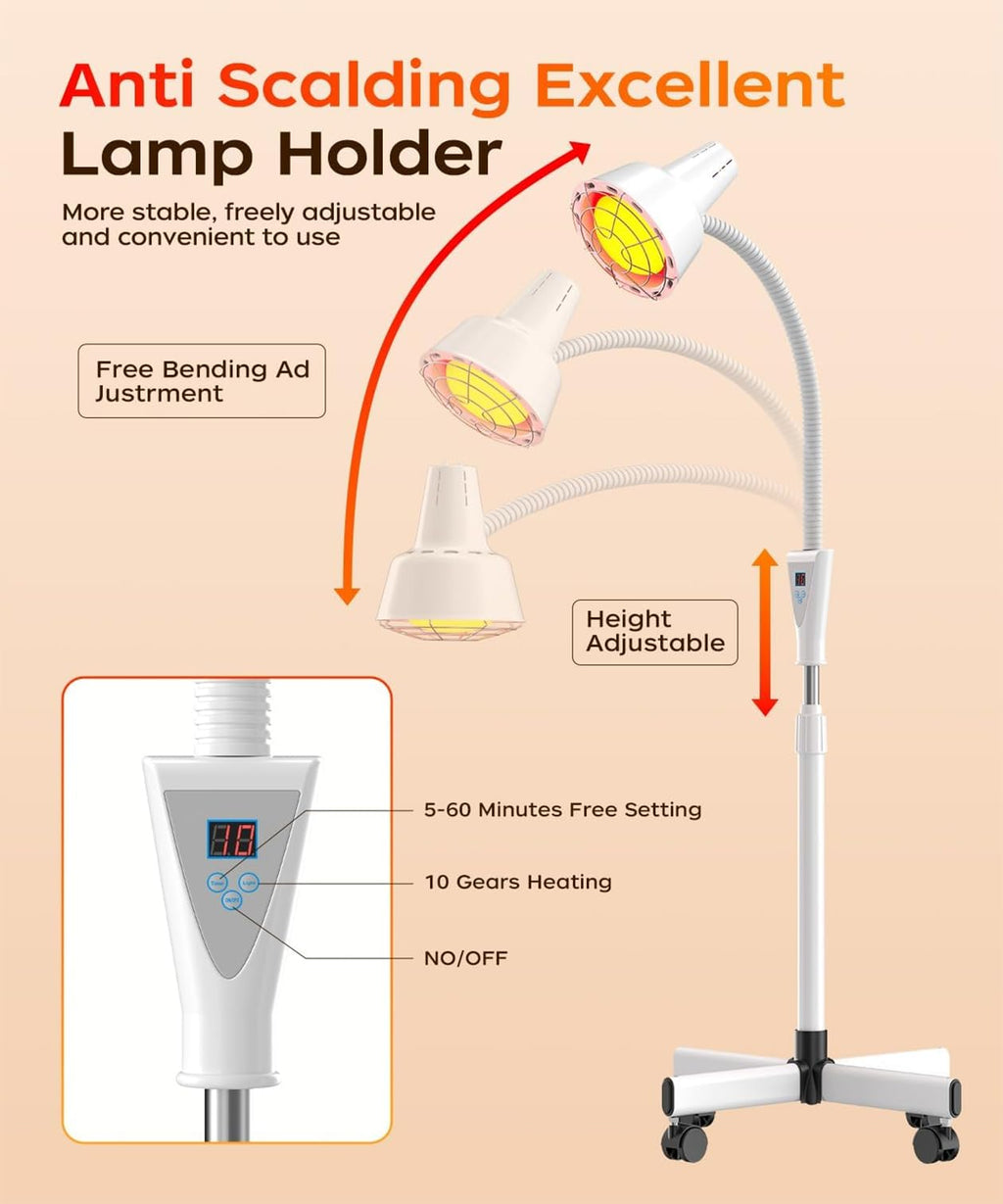 275W Infrared Light Therapy Lamp - Red Near Infrared Heat Lamp for Joint Muscle Pain, Adjustable Standing Lamp Head with Freely Adjustable Temperature