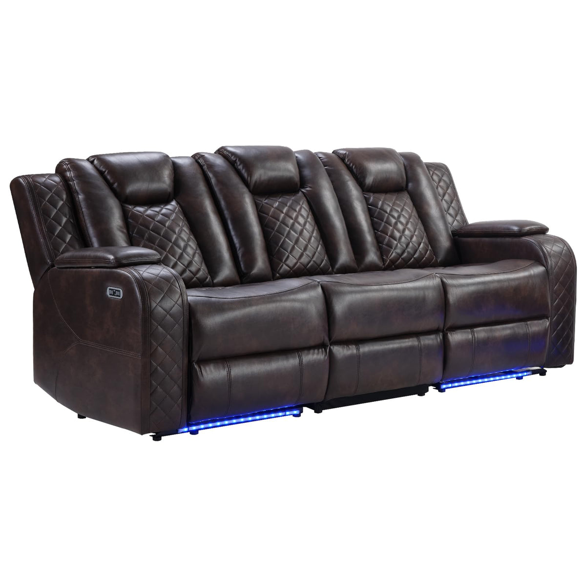 CANMOV Home Theater Seating with Adjustable Headrest with LED Lights, 3 Seat Power Reclining Sofa with Flip Backrest Design, Wireless Charger, Cup Holders, Reading Light and USB Charging Ports, Brown