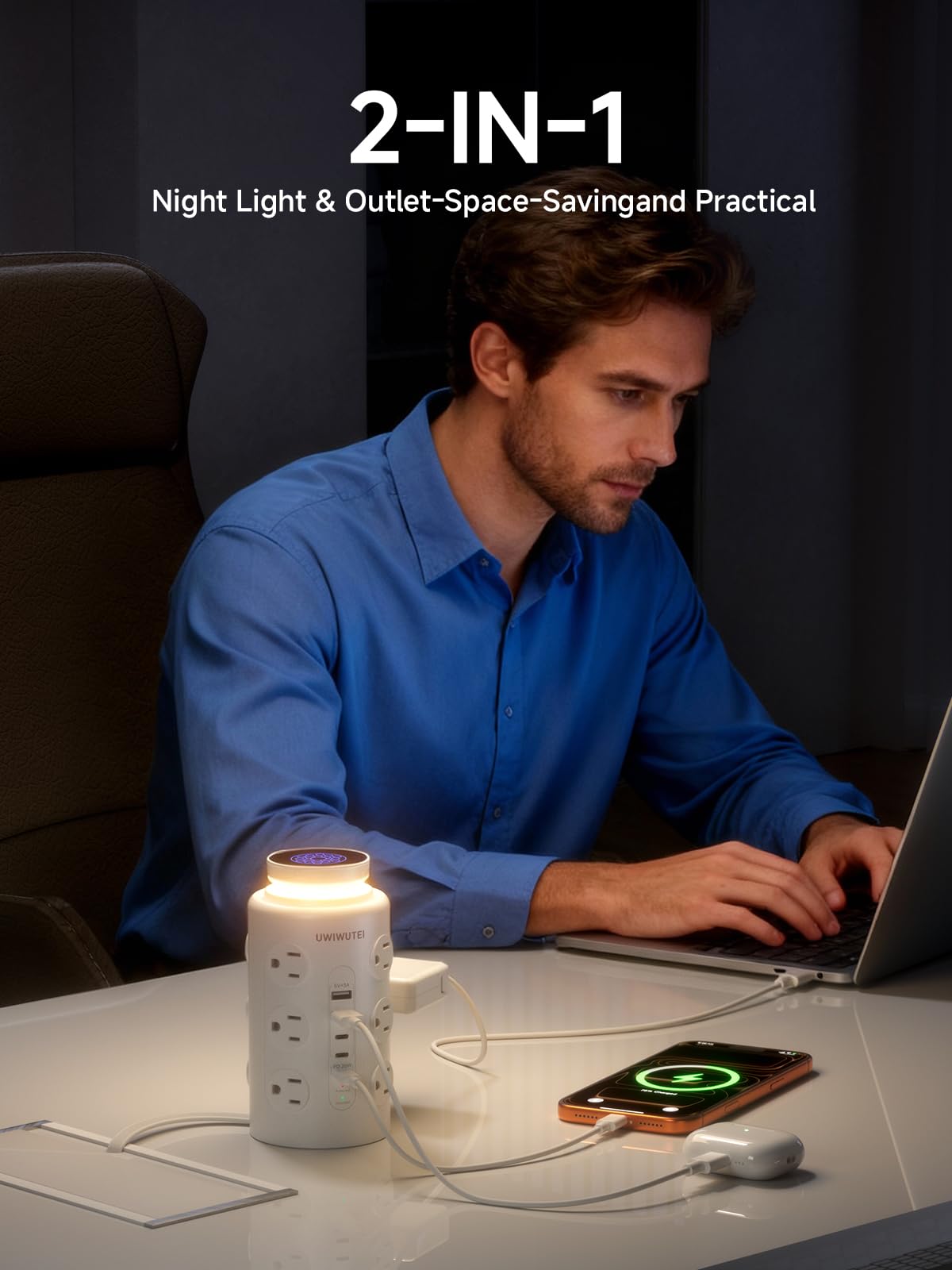 6FT Tower Power Strip with Night Light & Dedicated 20W PD USB‑C Port