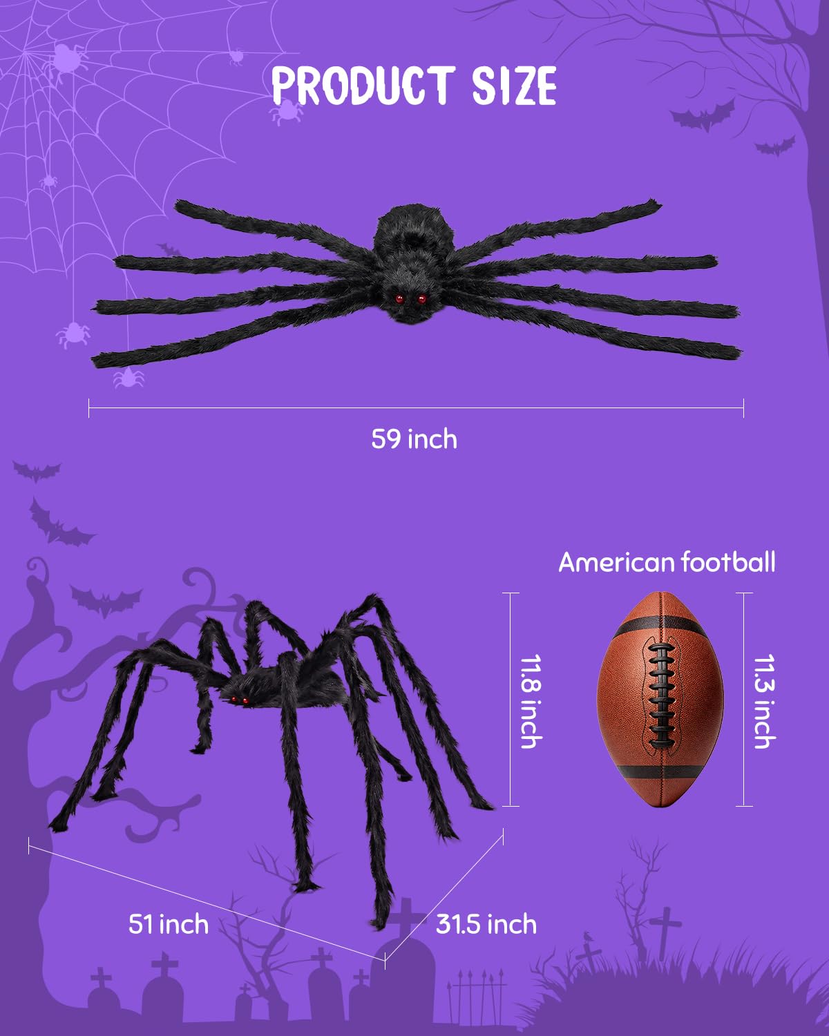 F-TECK 2 Pack 5 Ft Giant Black Spiders for Outdoor Halloween Decorations