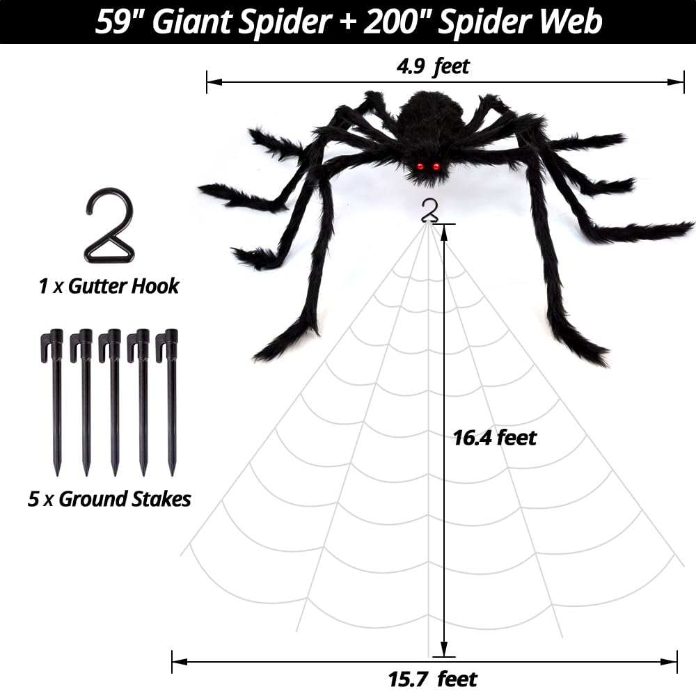 OCATO 200" Halloween Decorations Spider Web Outdoor +59" Giant Spider Décor