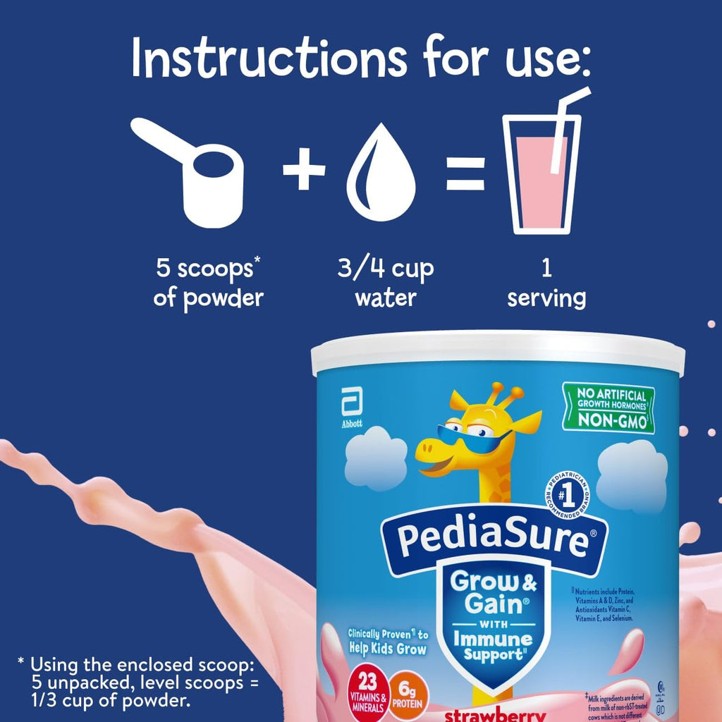 PediaSure Grow & Gain Shake Mix, 6g Protein, Strawberry, 14.1 oz Can, 6pk