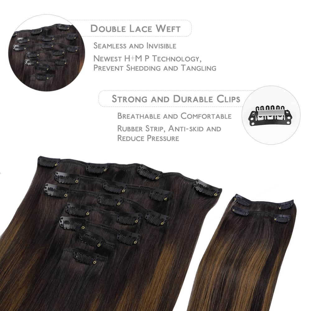 WENNALIFE Clip in Hair Extensions, 150g 18 Inch 9pcs Balayage Dark Brown to Chestnut Brown Remy Hair Thicker Double Weft Extensiones De Cabello Humano Con Clip Ins Straight Full Volume