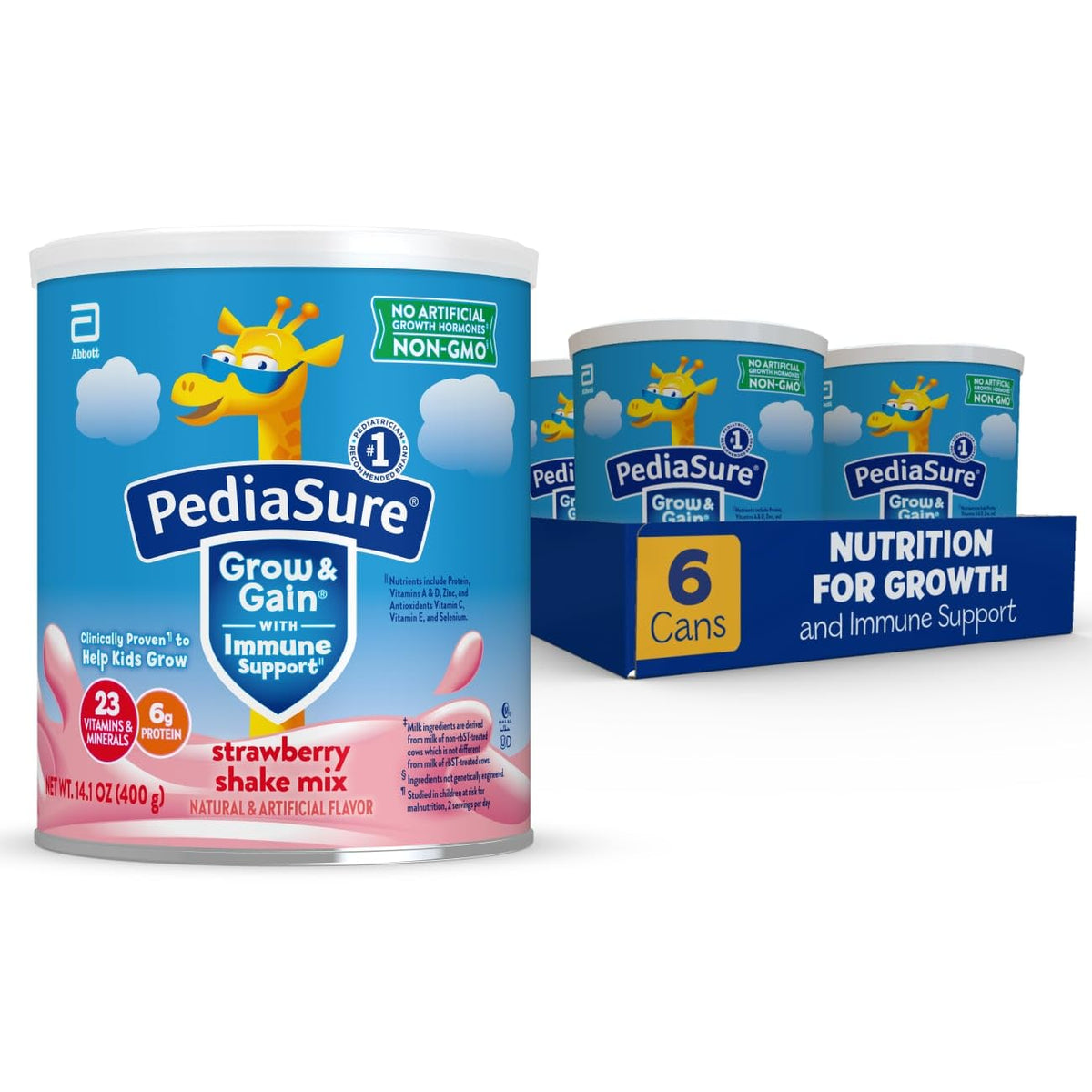 PediaSure Grow & Gain Shake Mix, 6g Protein, Strawberry, 14.1 oz Can, 6pk