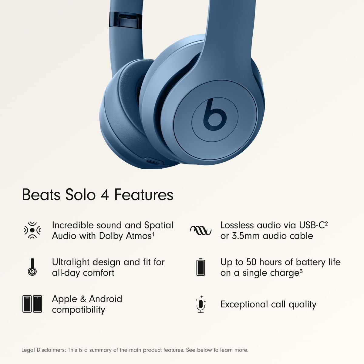 Beats Solo 4 - Wireless On-Ear Bluetooth Headphones, Up to 50-Hour Battery Life, Ultra-Lightweight Comfort, Powerful and Balanced Sound, Apple & Android Compatible - Slate Blue