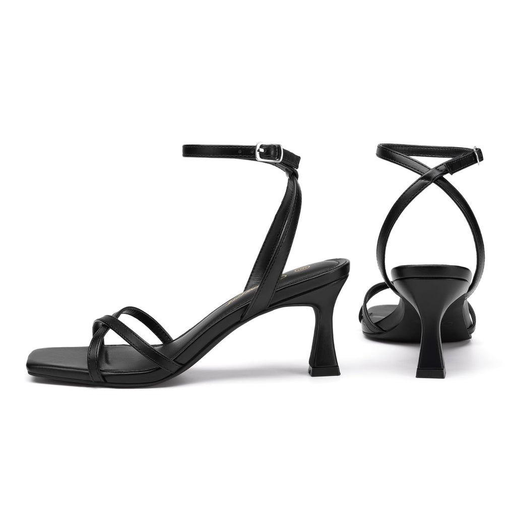 Athlefit Black Kitten Heels for Women Open Toe Strappy Dress High Heels 8