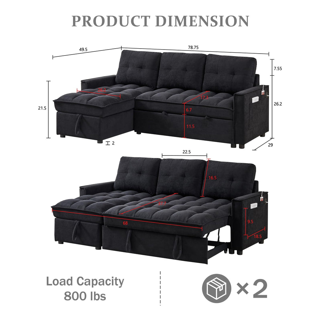 Firscook 78.75" Sleeper Sofa Couch,Modern L-Shaped Couches, Pull Out Couch with USB Ports&Side Pocket,Sleeper Sectional Sofa for Living Room Apartment,Chenille,Black