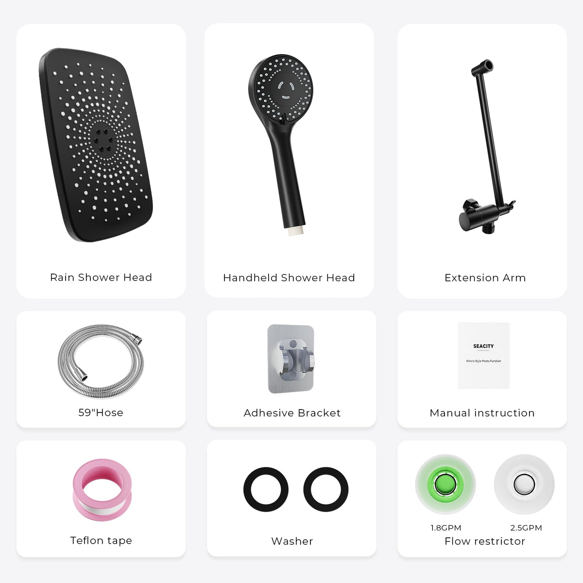 Seacity Black Rain Shower Head with Handheld Shower Head, 5 Spray Modes