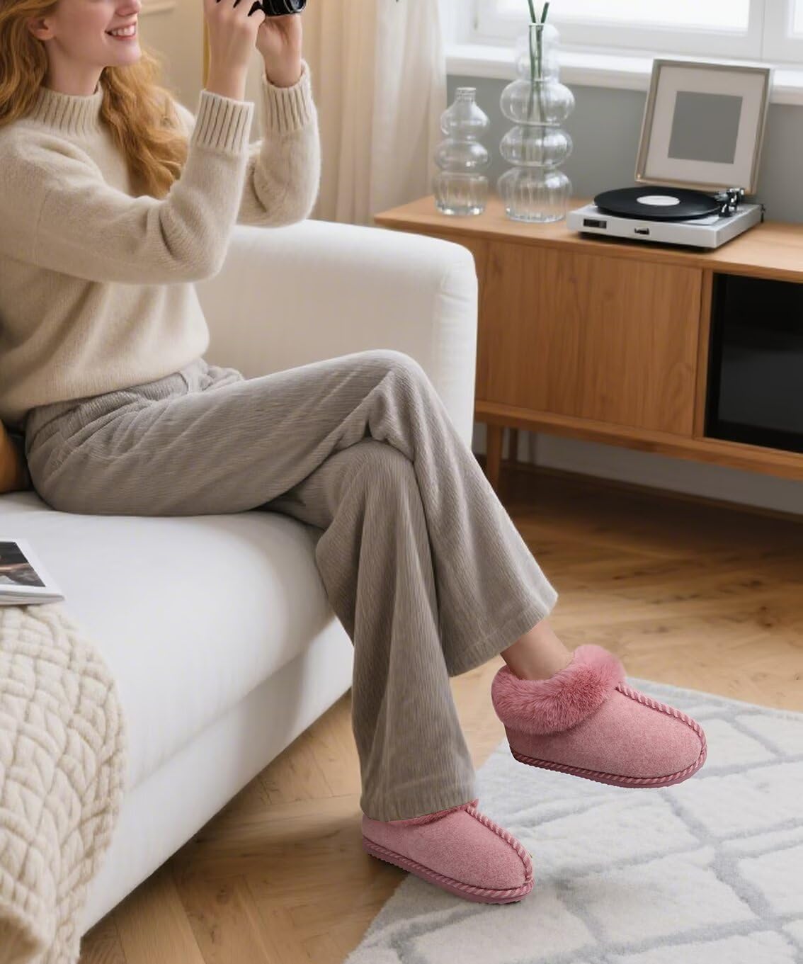 COFACE Women Bootie Slippers with Faux Fur Shearling Fluff Fuzzy Warm Collar Cuff Comfortable Cloud Memory Foam Cute Cozy Comfy Felt Upper for 2026 Winter Bedroom House Home Outdoor Pink Size 8.5