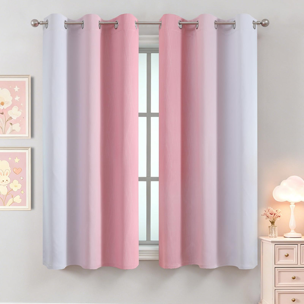 Pink and Greyish White Ombre Blackout Curtains for Kids Bedroom 42x63 Inch