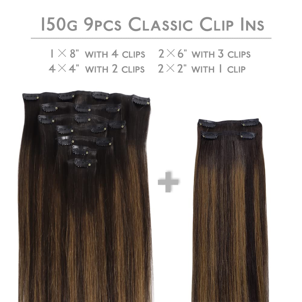 WENNALIFE Clip in Hair Extensions, 150g 18 Inch 9pcs Balayage Dark Brown to Chestnut Brown Remy Hair Thicker Double Weft Extensiones De Cabello Humano Con Clip Ins Straight Full Volume
