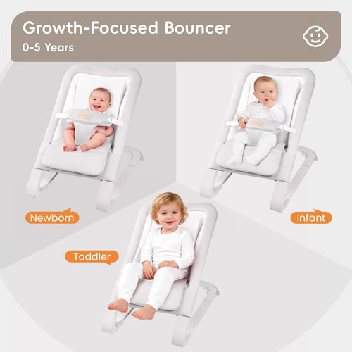 Baby Bouncer for Newborns 0-12 Months: 0-5 Years Portable Infant Seat with Soft Grey Fabric, Adjustable Recline & 3-Point Harness, Supports Up to 60 lbs