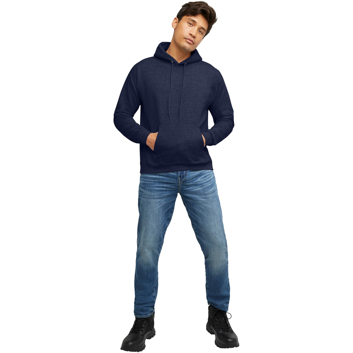 Hanes Comfortblend EcoSmart Hoodie, Midweight Fleece, Pullover Hooded Sweatshirt for Men, Heather Navy, Large