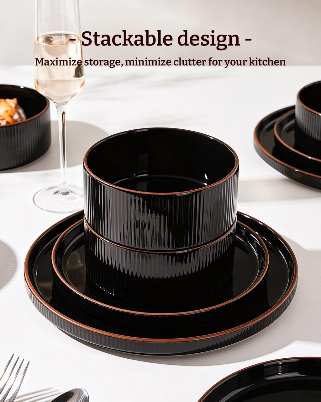 Richmount Line Porcelain Dinnerware Set, dish set for 4, Black