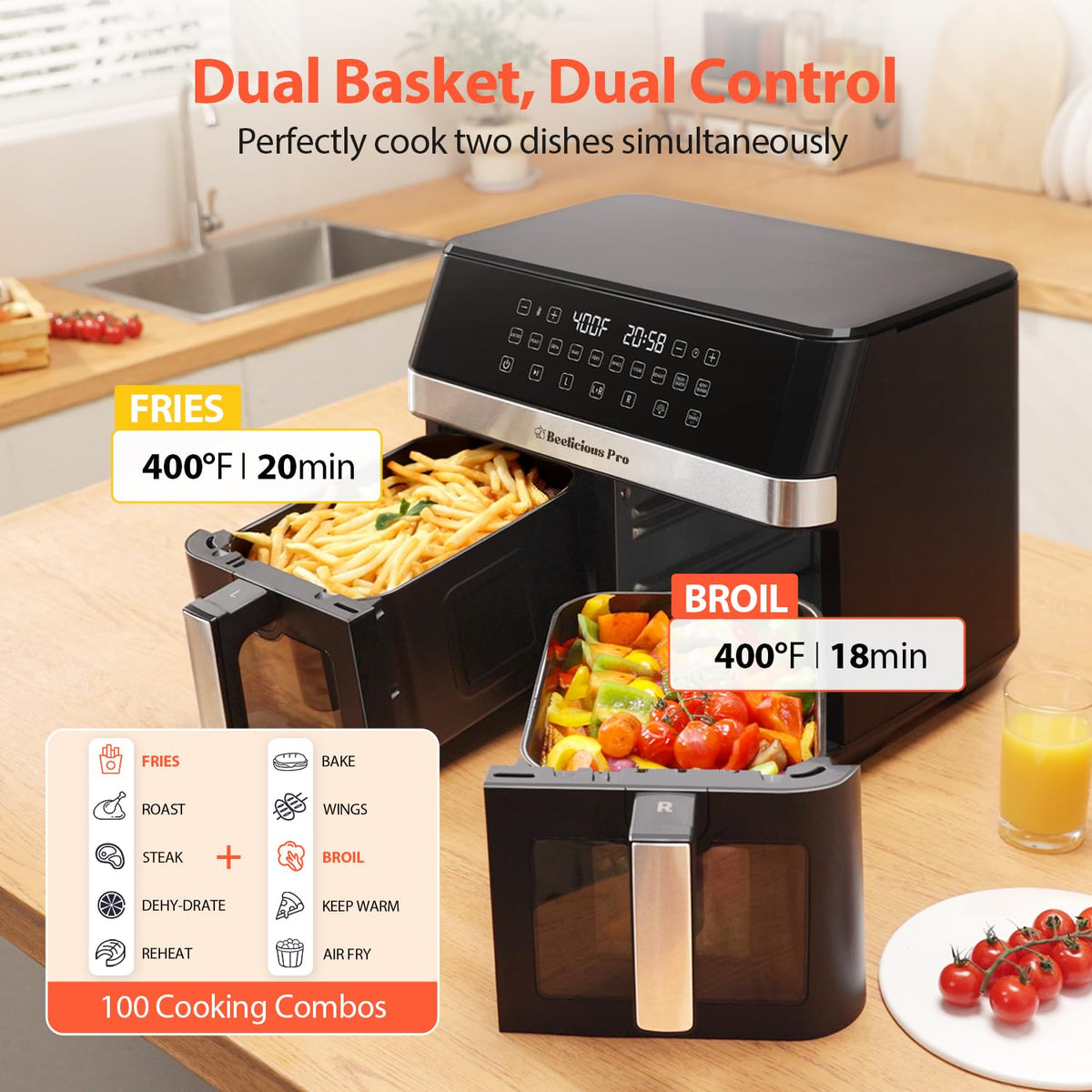 12QT Large Dual Air Fryer, 10-in-1 with SyncCook, ProTemp & UltraCrisp Tech