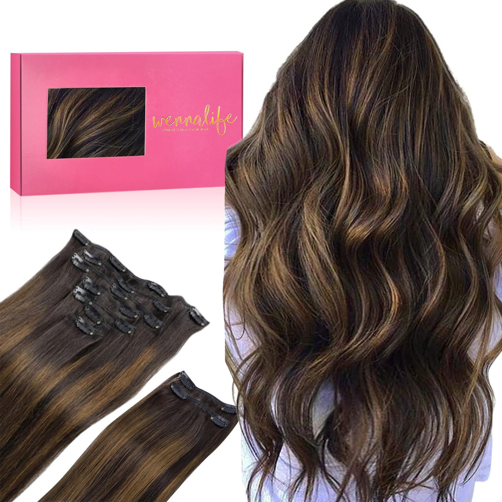 WENNALIFE Clip in Hair Extensions, 150g 18 Inch 9pcs Balayage Dark Brown to Chestnut Brown Remy Hair Thicker Double Weft Extensiones De Cabello Humano Con Clip Ins Straight Full Volume