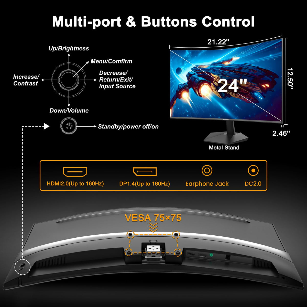 SANSUI 24 Inch Curved Gaming Monitor up to 160Hz MPRT 1ms Computer Monitor