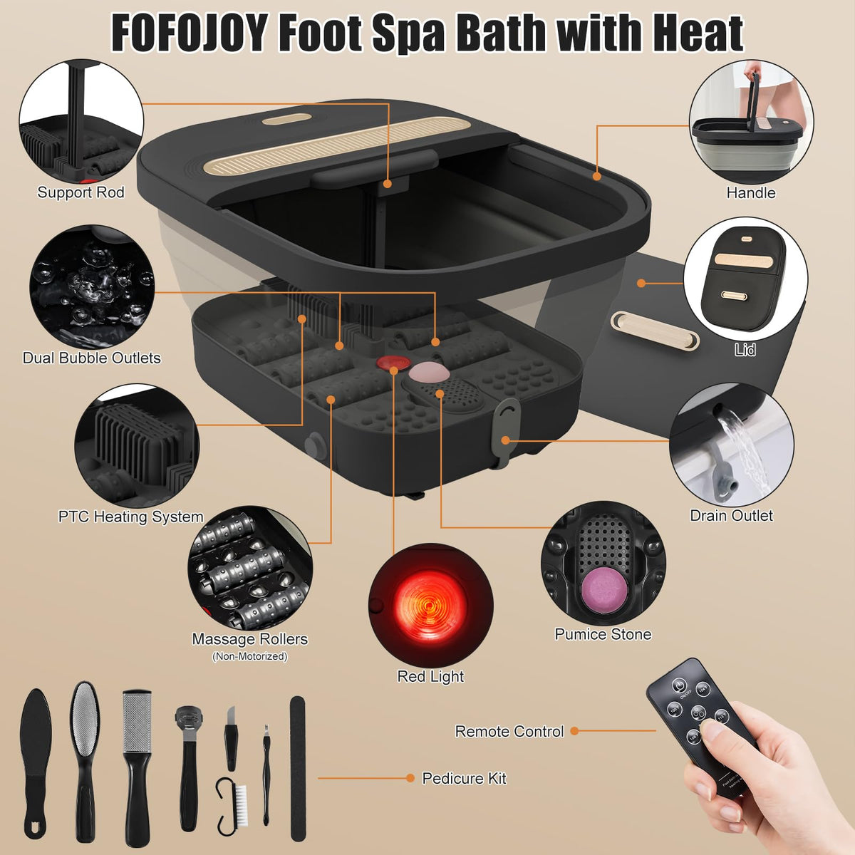FOFOJÔY Collapsible Foot Spa Bath with Massager and Heat and Bubble Jets, Temperature Control, Remote Control, Pumice Stone, Pedicure Foot Spa for Relaxation Gift for Women Man