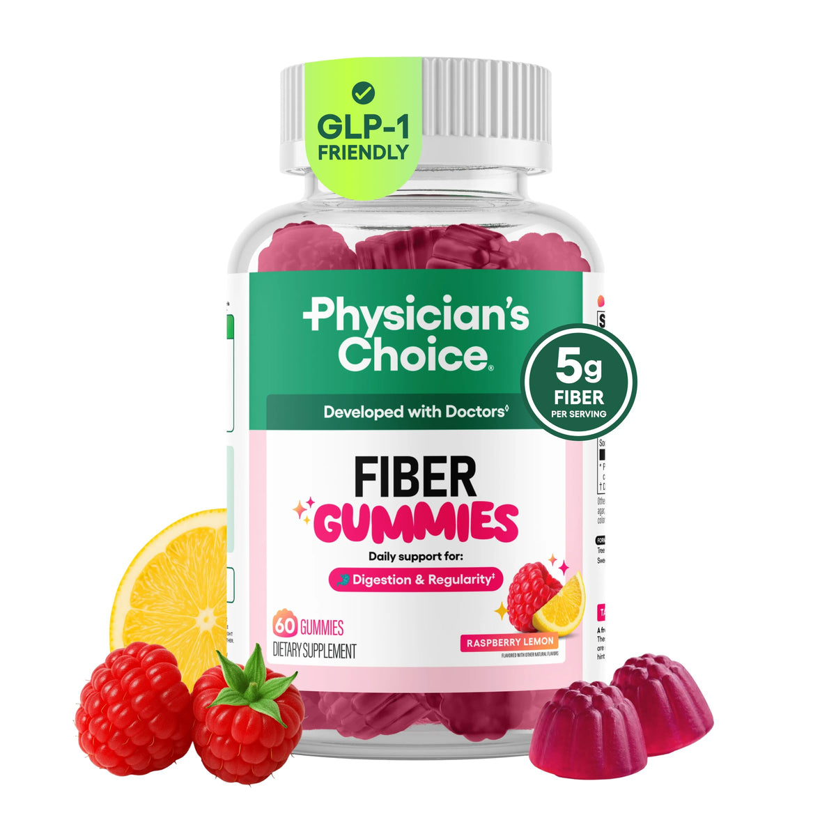 Physician's CHOICE Fiber Gummies for GLP-1 Support - No Sugar Added & Vegan - Raspberry Lemon - Natural Chicory Root Prebiotic Fiber Gummy - Digestive Health & Regularity for Women & Men - 60CT