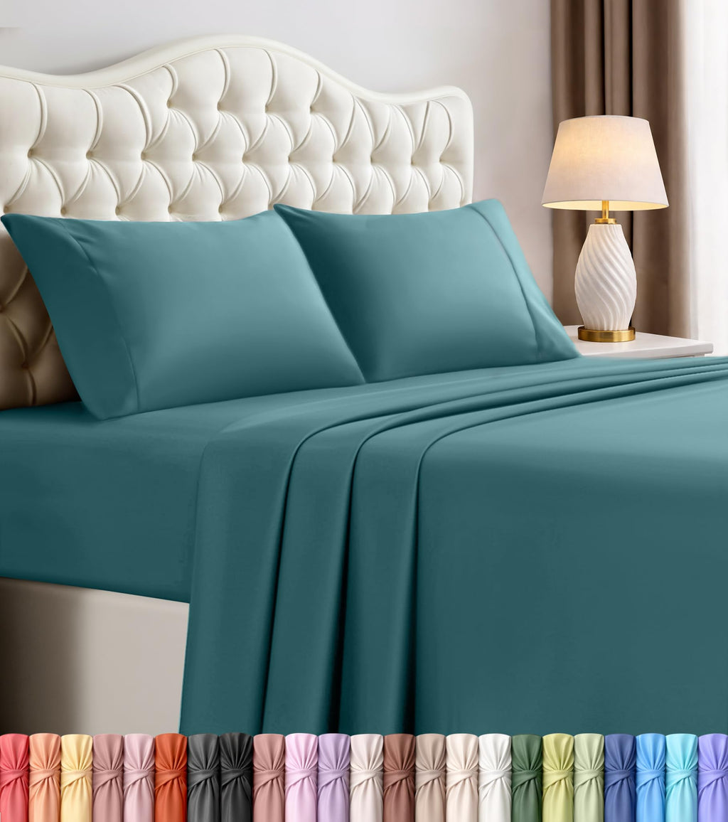 King Sheets Set, 4 Pieces 16" Deep Pocket Hotel Luxury Sheets, Denim Blue