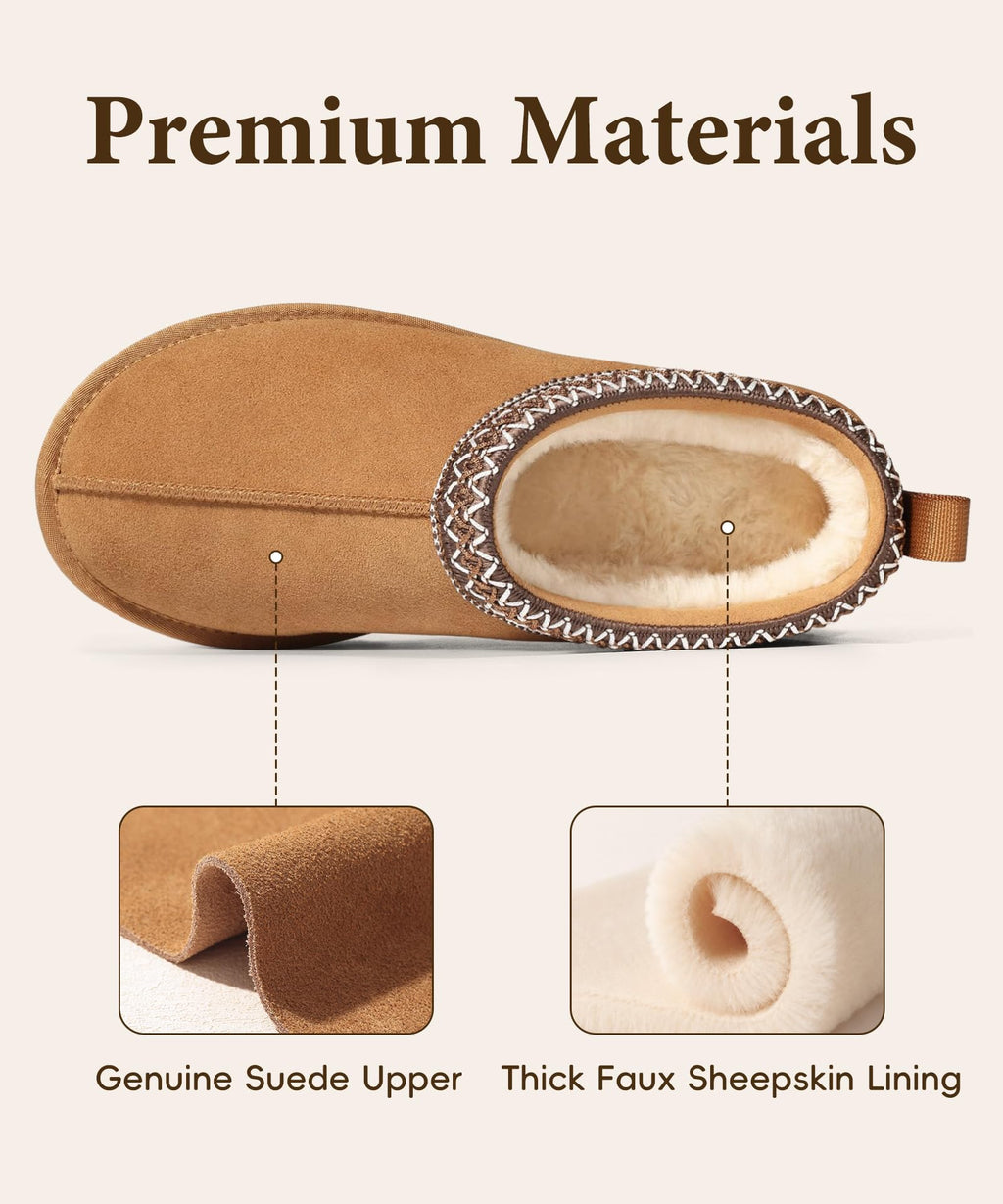 bebealy Genuine Suede Fuzzy Slippers for Women Winter Warm House Shoes Cozy Mini Boots for Indoor Outdoor, Chestnut 39