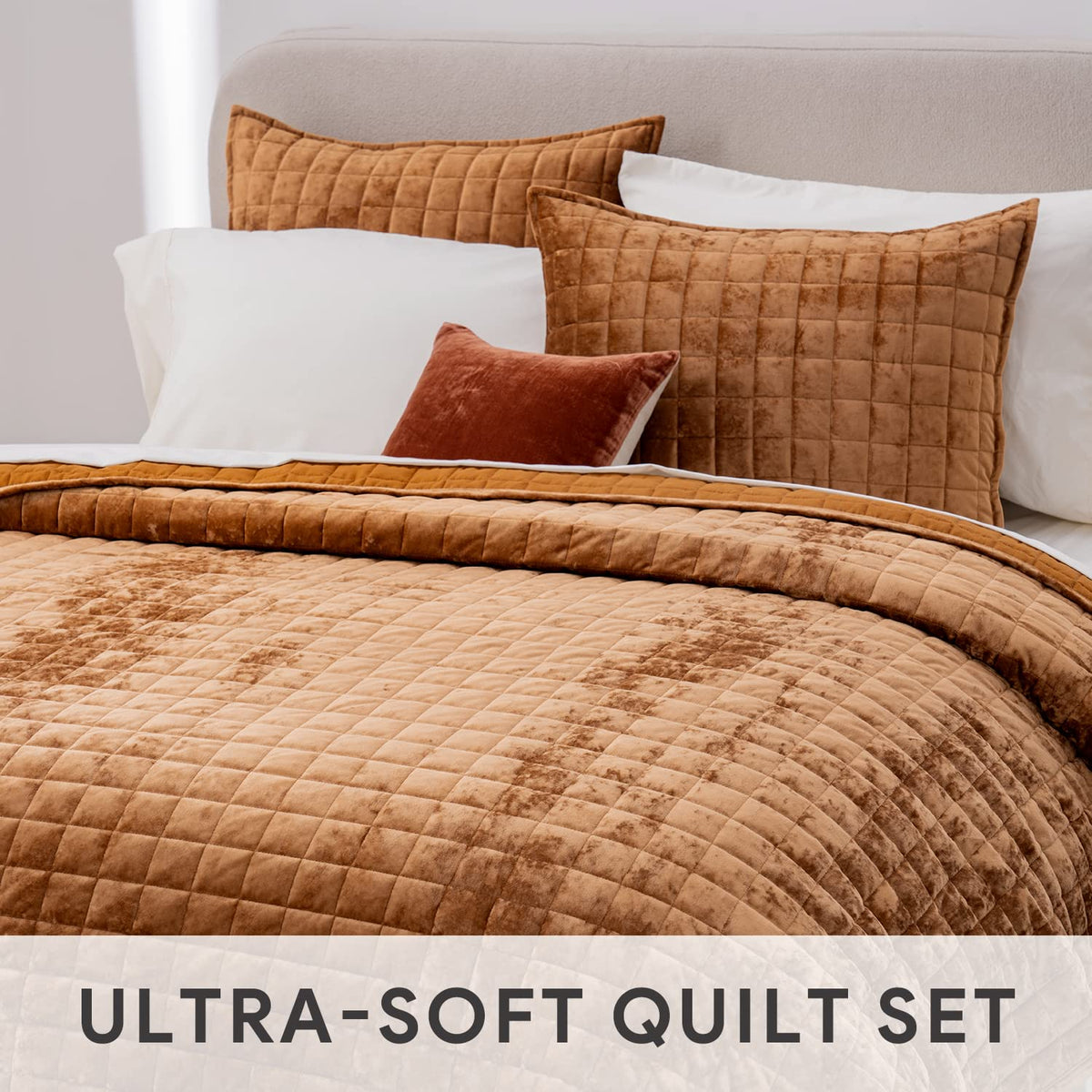 RECYCO Channel Box Stitch Velvet Quilt Set, King Size, Rusty Burnt Orange