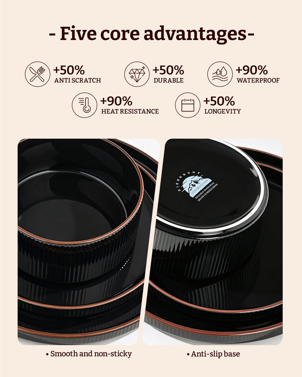 Richmount Line Porcelain Dinnerware Set, dish set for 4, Black