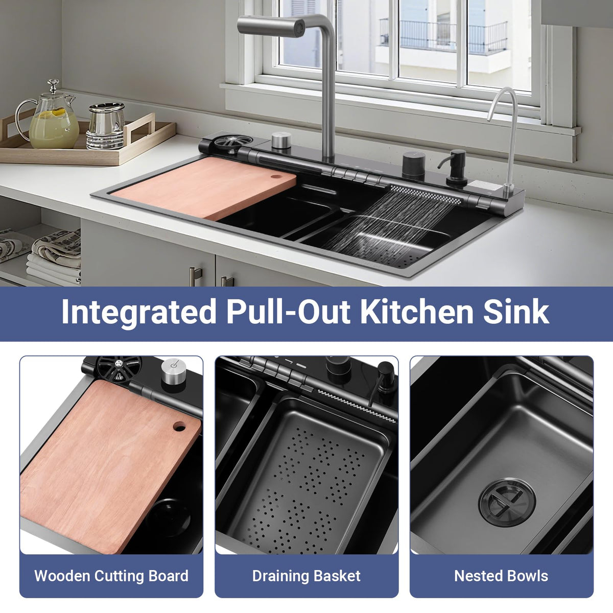 30x18 Dual Waterfall Kitchen Sink,Modern Kitchen Sink with 4 in 1 Faucet,Black Stainless Steel Single Bowl Digital Smart Sink with Pull-Out Faucet,Multifunctional Workstation Sinks with Nano Honeycomb