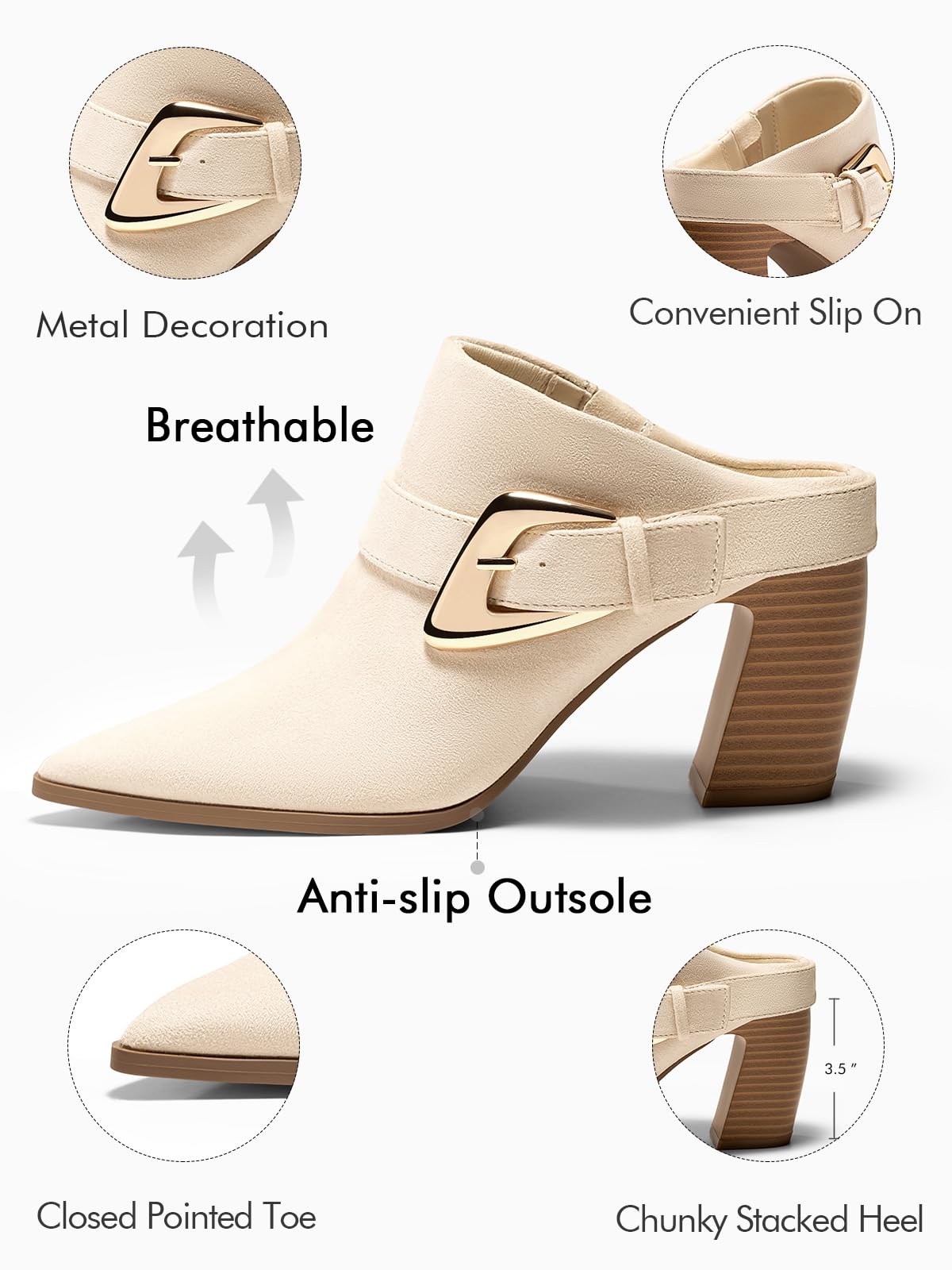 Coutgo Womens Mules Boots Chunky Stacked Heel Pointed Toe Booties Slip On Dress Boot Shoes with Buckle Decoration, Beige, Size 7