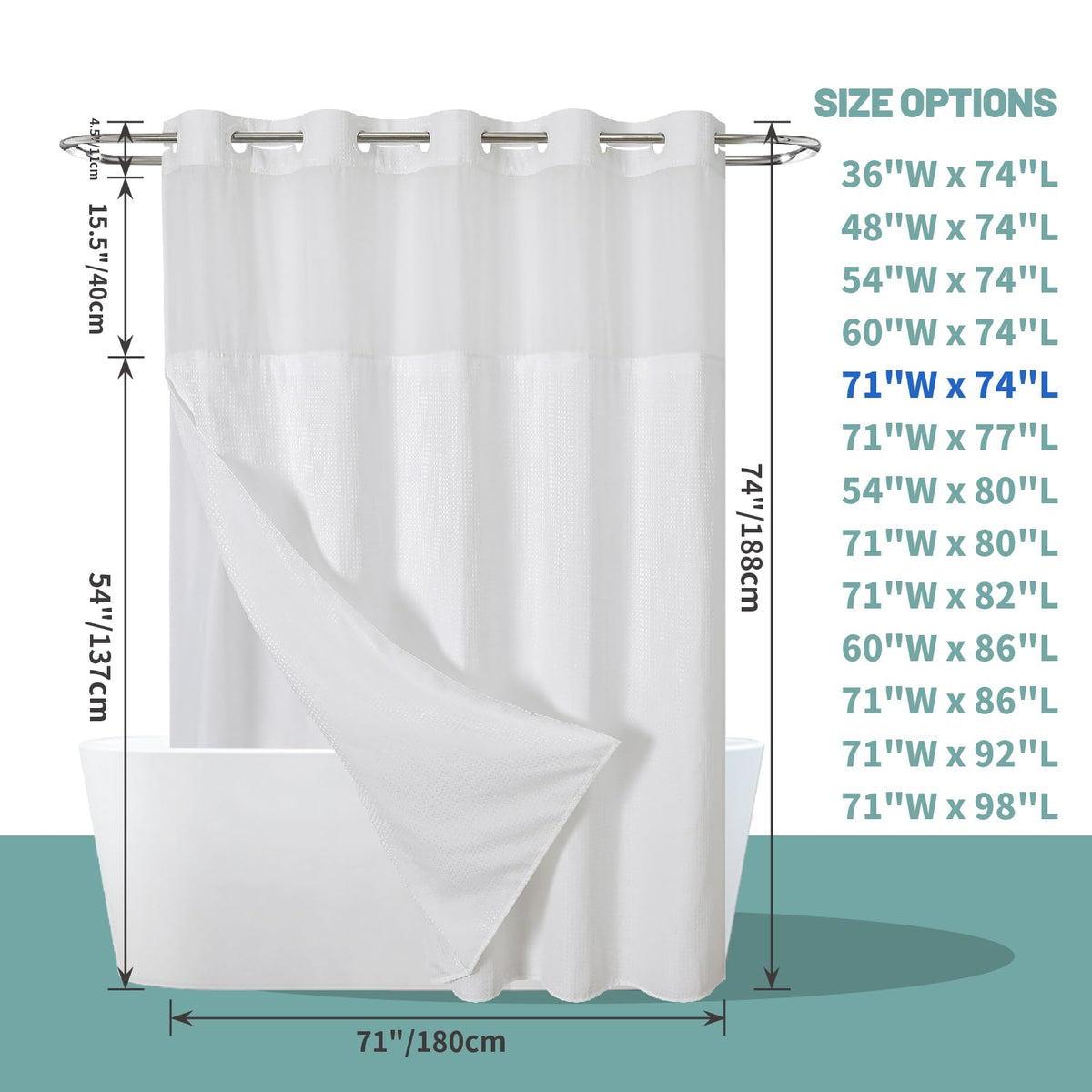 eachope No Hook Waffle Shower Curtain with Snap-in Liner, 71x74 Inch, White