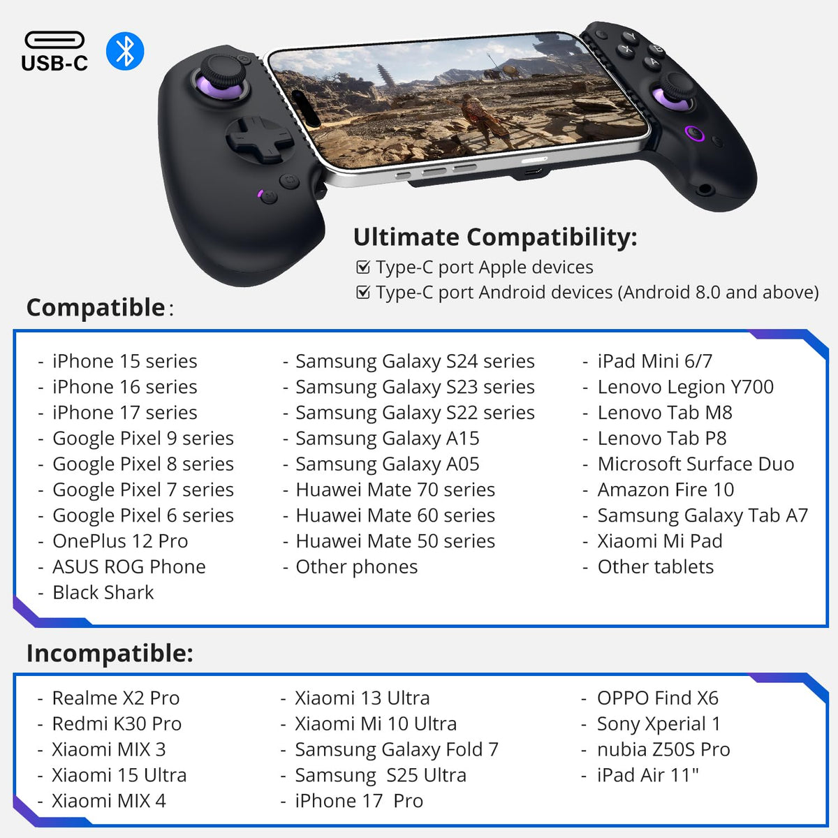 abxylute S9 Full-Size Gaming Phone Controller for iPhone 15/16/17, iPad Mini 6/7 Android Tablet Bluetooth TypeC Mobile Gamepad Free Button Mapping Genshin Impact, Hall Effect Joystick (black)