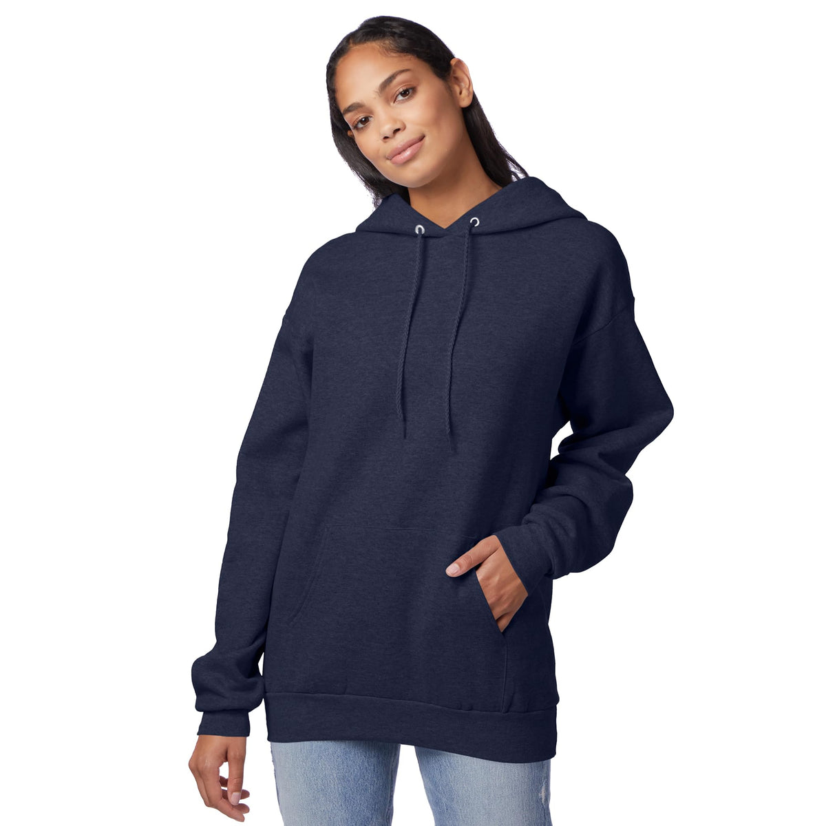 Hanes Comfortblend EcoSmart Hoodie, Midweight Fleece, Pullover Hooded Sweatshirt for Men, Heather Navy, Large