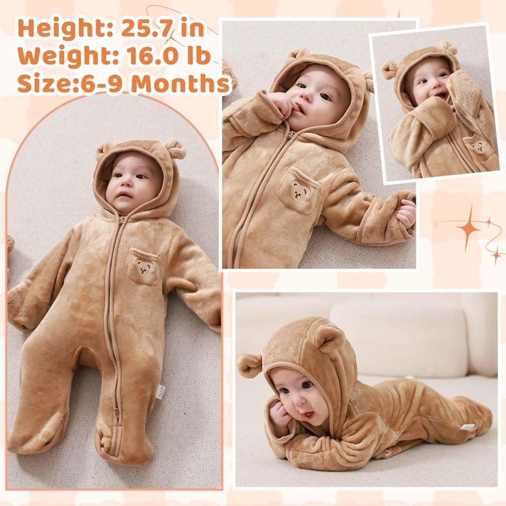 Fairy Baby Newborn Baby Winter Snowsuit Cute Bear Outfit One-Piece Hooded Romper Fleece Jumpsuit Fluffy Outwear Infant Girls Boys Brown 0-3M