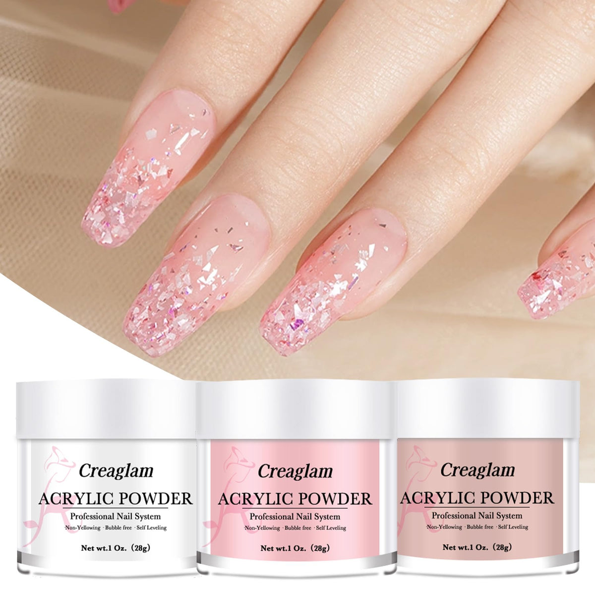 Creaglam Acrylic Powder 3Pcs 28g Cover Pink for Nail Art French Extension