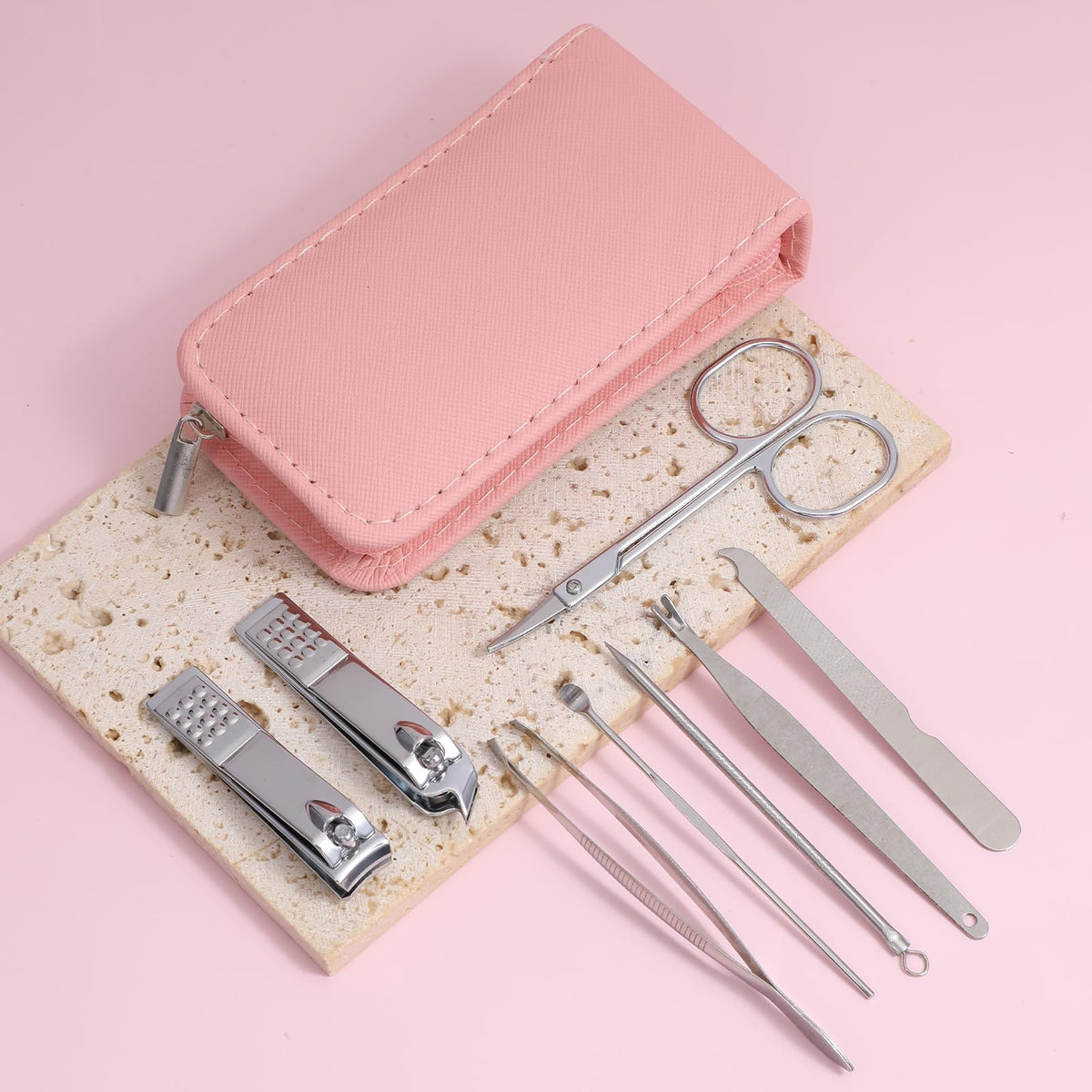 12 Sets Manicure Set, 8 in 1 Stainless Steel Nail Care Kit, Sturdy Manicure Tool Kits with Travel Case, Nail Grooming Kit Gift, for Men and Women(Pink)