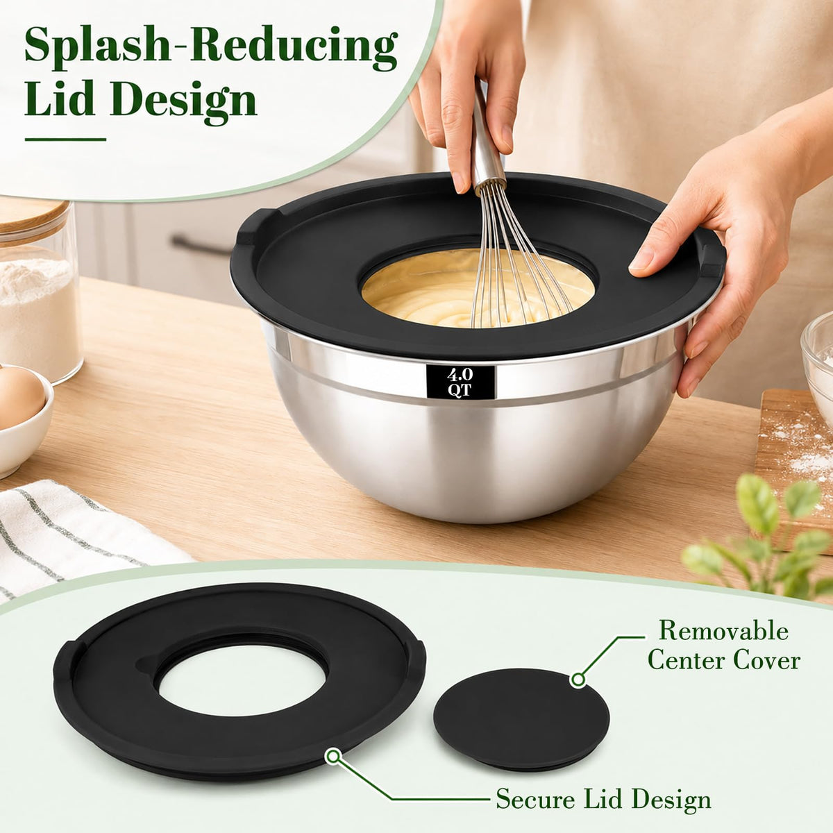 Boskermeal 8PCS Mixing Bowls with Lids Set - 5 Nesting Mixing Bowls, 3 Grater Attachments, Lids, Stainless Steel Mixing Bowls for Mixing & Serving, Size 1.5/2.1/3.5/4/4.5 QT, Black