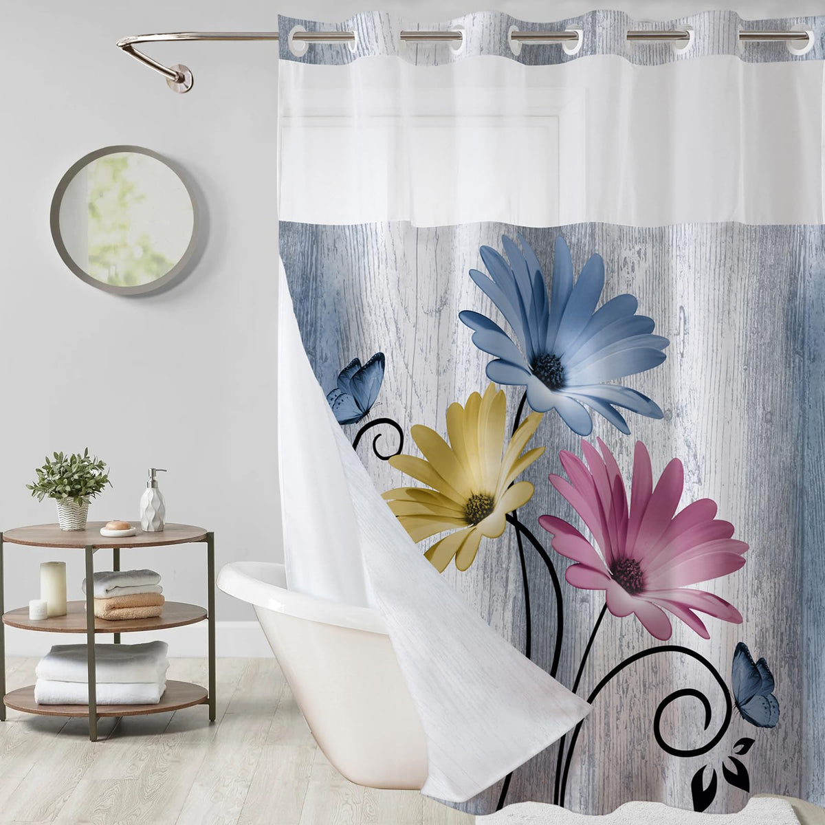 Hookless Shower Curtain with Snap in Liner, Blue Colorful Floral, 72W x 75L