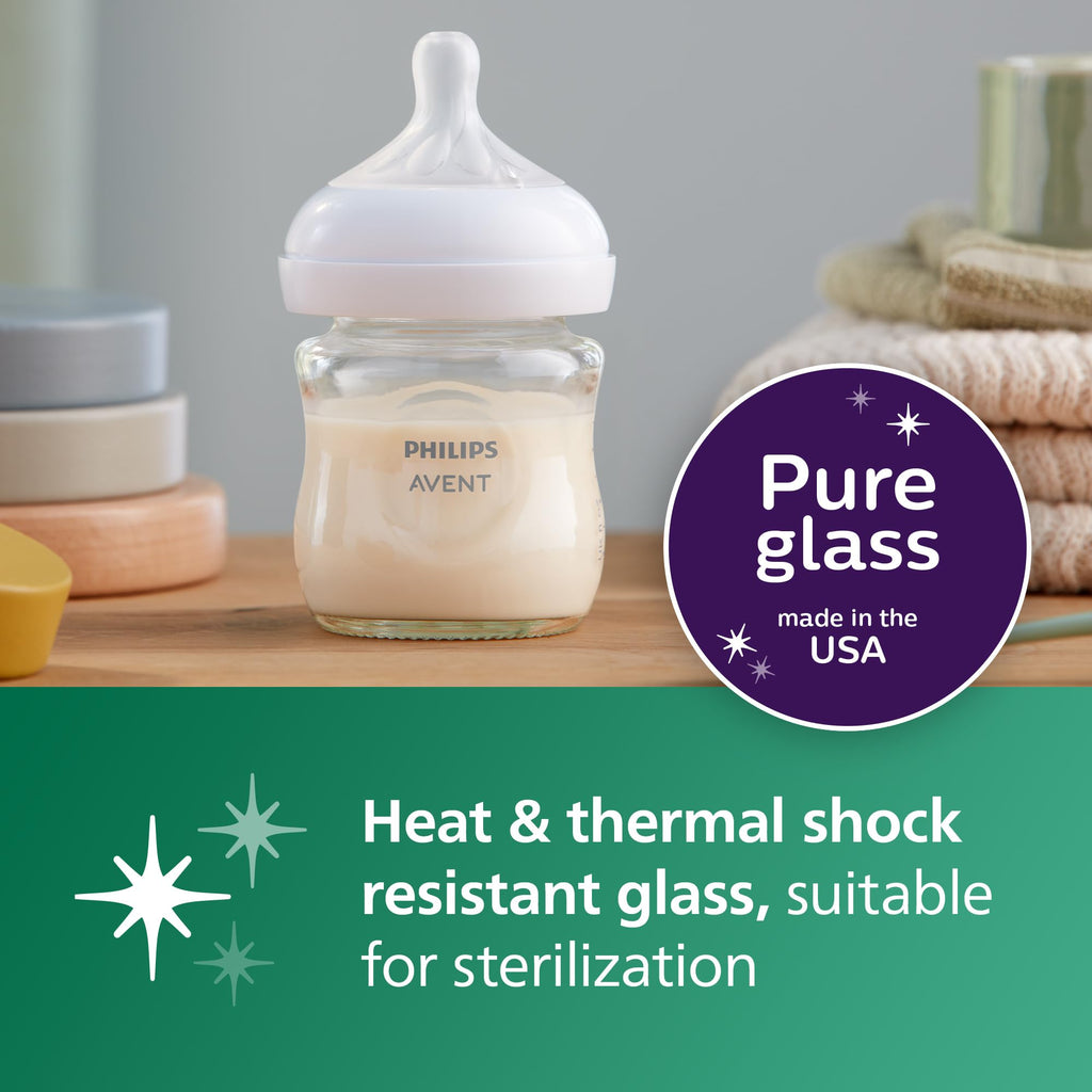 Philips Avent Natural Glass Baby Bottles, Slow Flow, 4 oz, BPA-Free, 4-Pack